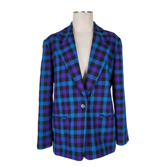 Leslie Fay Blazer Women Size 12 Blue Purple Black Check Pockets Long Wool Blend - Picture 10 of 10